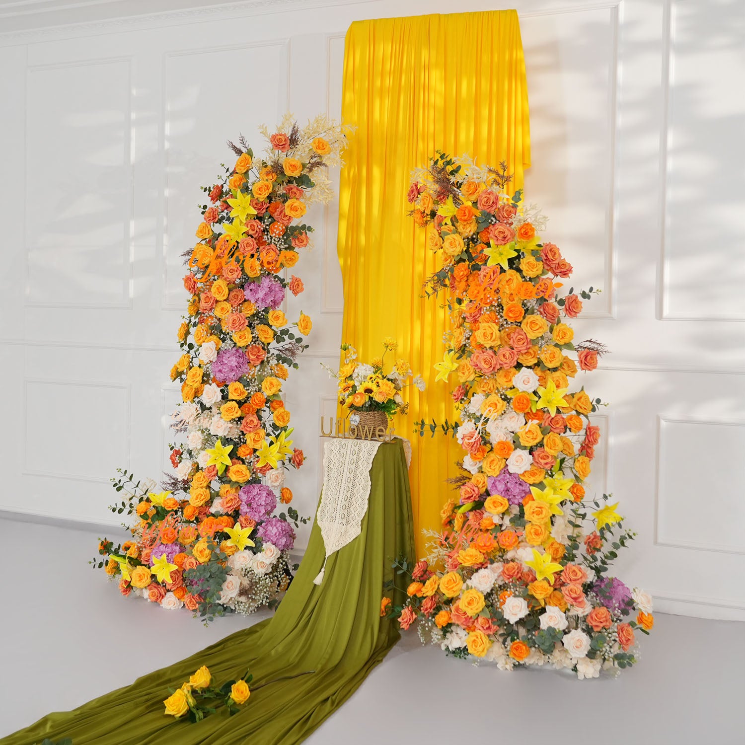 Uflower Orange Yellow Floral Horn Arch Wedding Party Backdrop Decor
